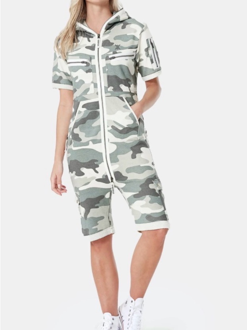 Unisex OnePiece Jumpsuit Unisex XS Hooded Cargo Shorts Bib Coveralls Army Camo